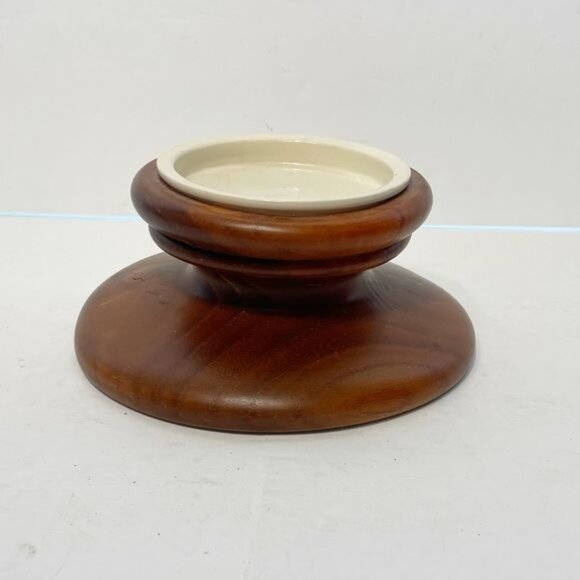 Vintage Teak Pillar Candle Holder White Ceramic Base Round Mid Century Modern - Picture 3 of 5